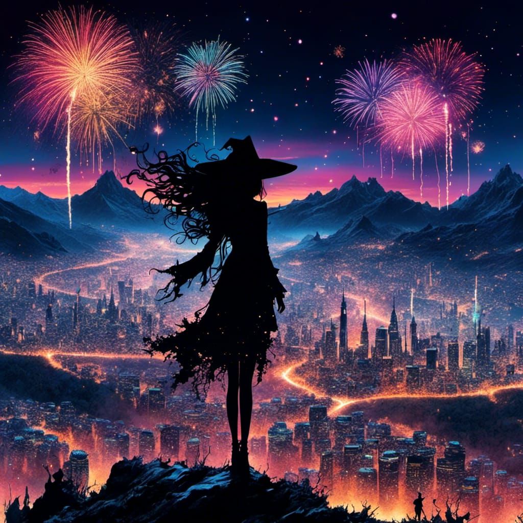 Witch Silhouette Over City Fireworks in Inkpunk Style