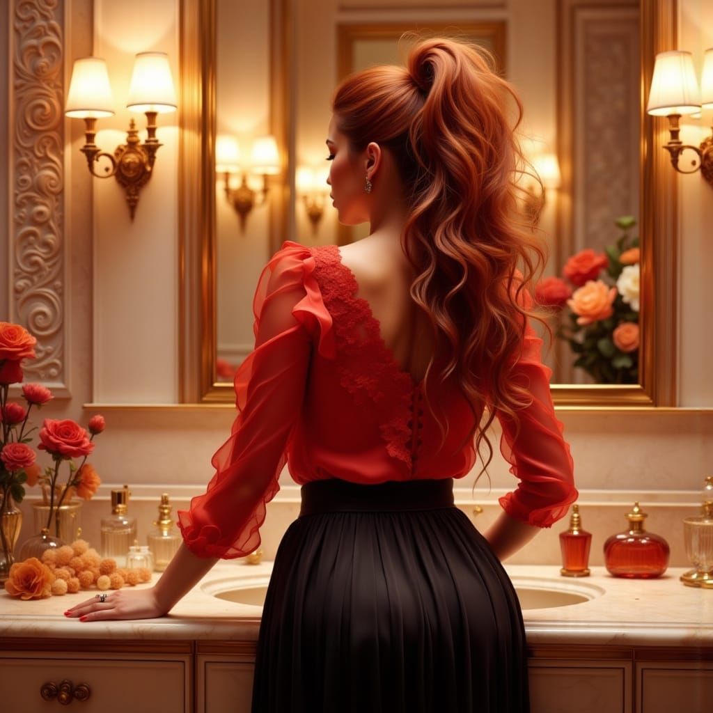 Confident Woman at Vanity in Digital Painting Style