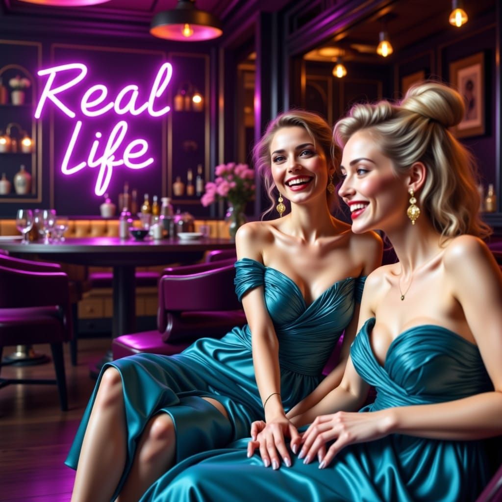 Elegant Women in Luxurious VIP Lounge with Neon Sign