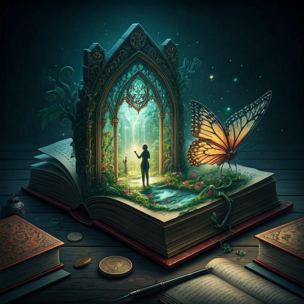 Magical Stained Glass Book Portal in Surreal Style