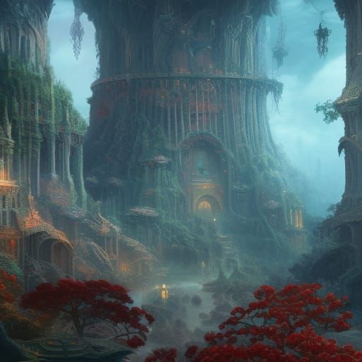 Fantastical Detailed Matte Painting in Deep Color
