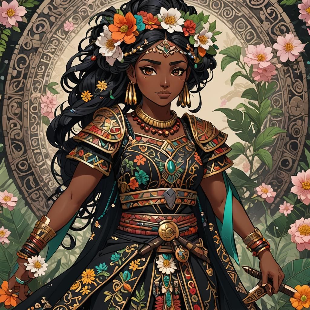 Latina Anime Girl with Obsidian Sword in Mayan Style