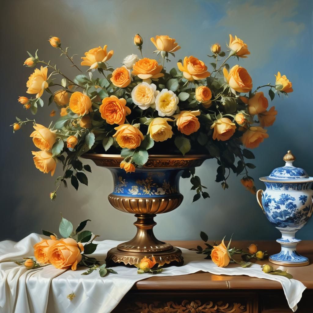 Baroque Still Life with Floral Crown in Oil Painting