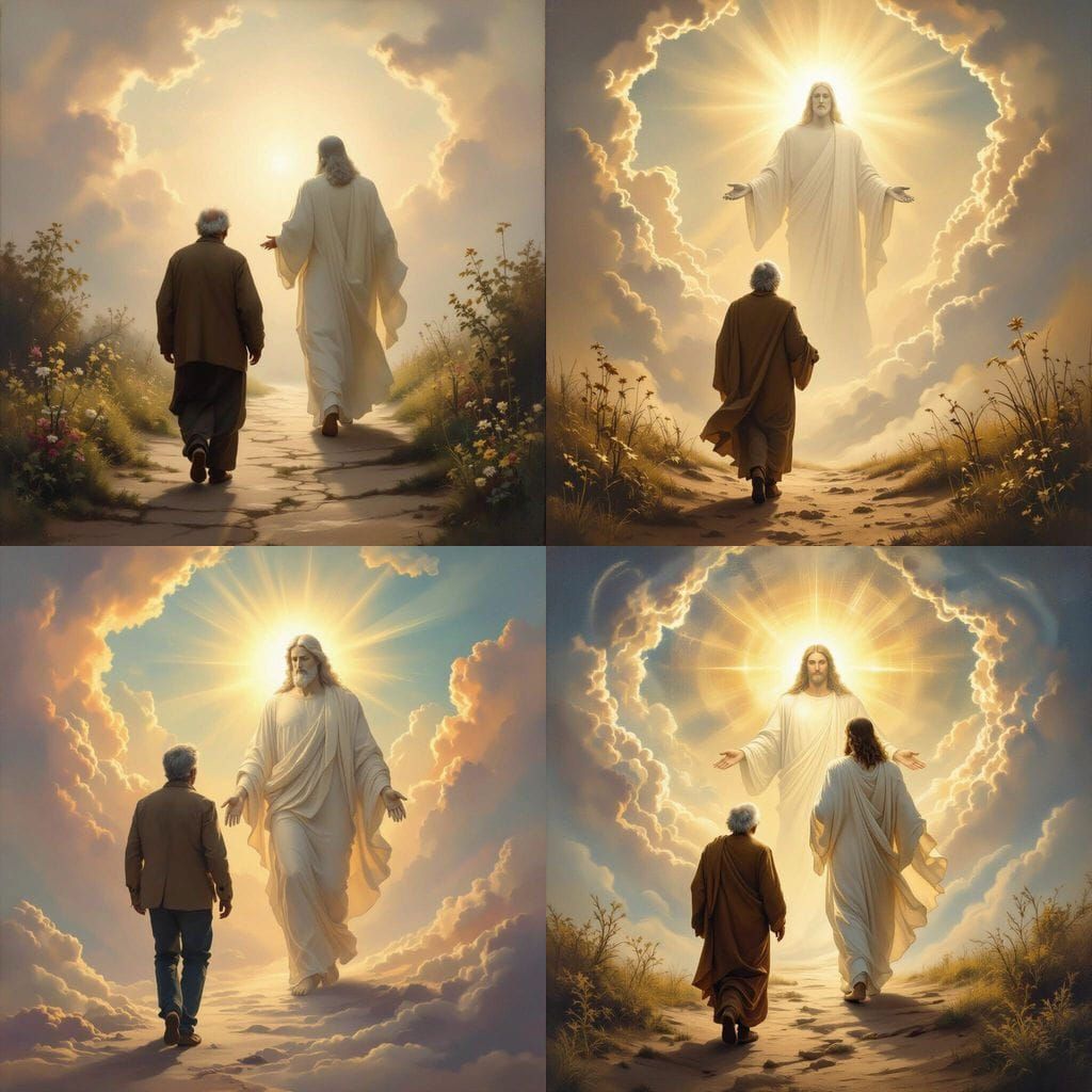 Man and God Entering Heaven in Oil Painting Style