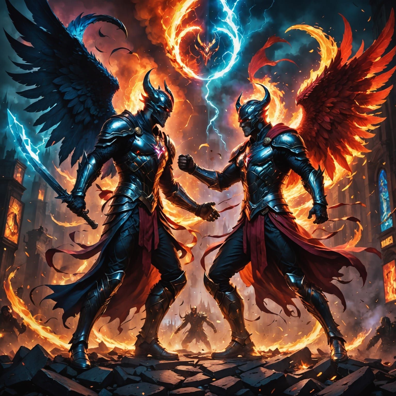 Epic Clash of Righteousness Illuminated by Vibrant Lights