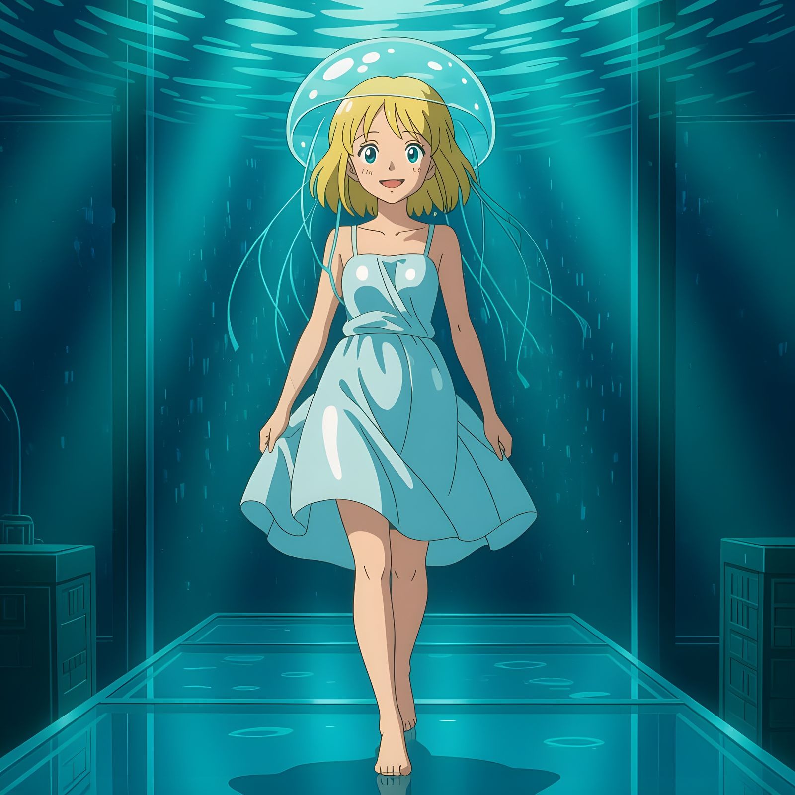 Girl with Jellyfish Hair Walks on Glass