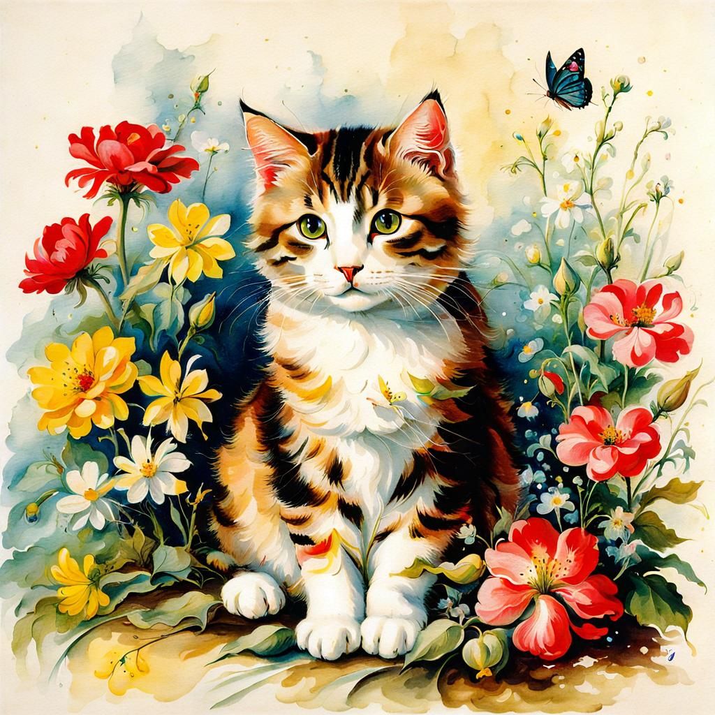 Cat with Flowers in Renaissance Style