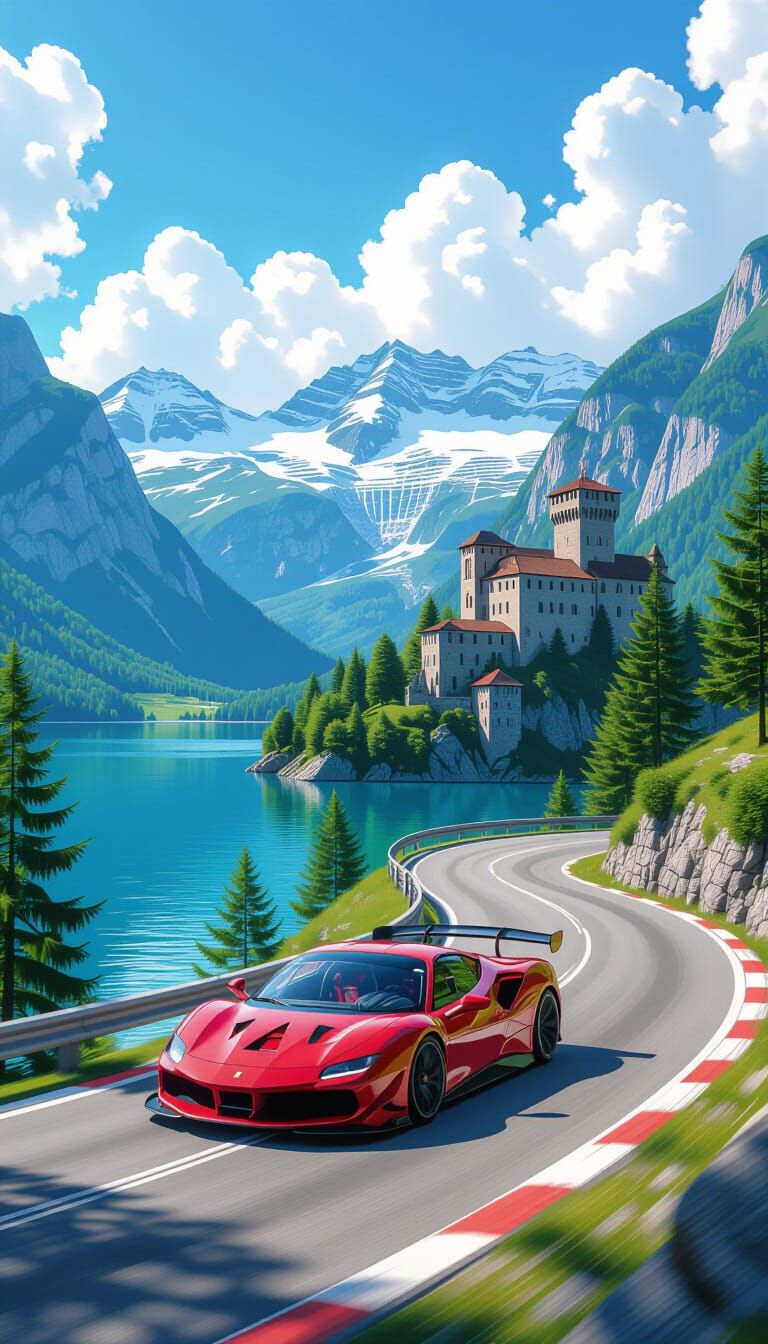 Red Ferrari F90 Races Through Alpine Mountains