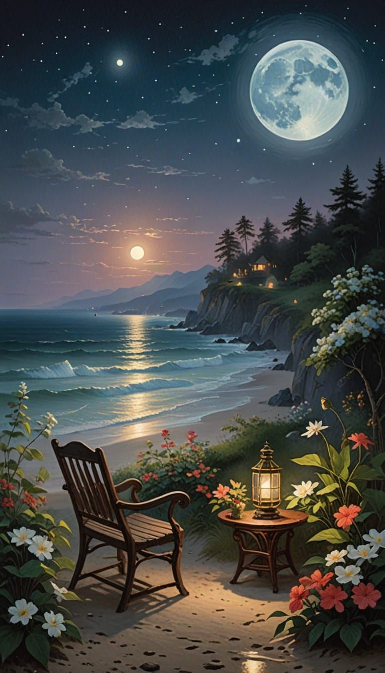 Serene Beach Scene Under Full Moon