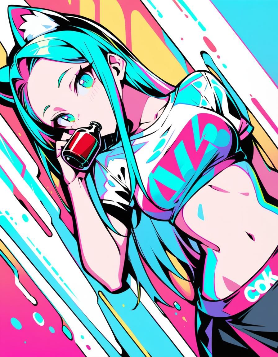 Aesthetic Catgirl Drinks Coke: Digital Pop Art