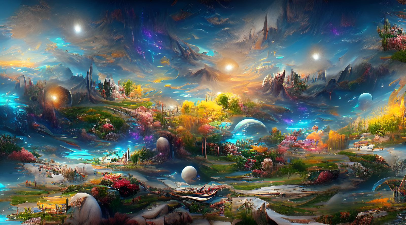 Iridescent Alien Zen Garden Under Cosmic Sky