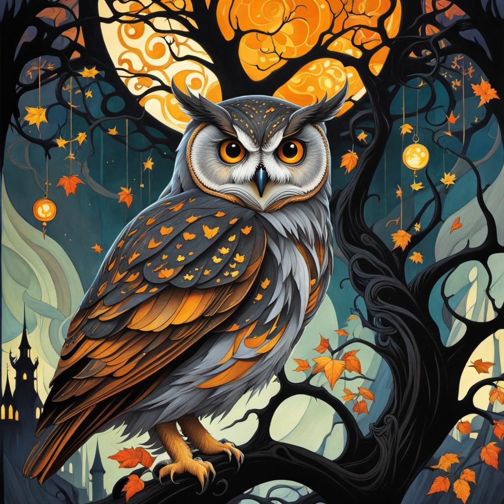 Twilight Owl Prophecy in Art Nouveau Style
