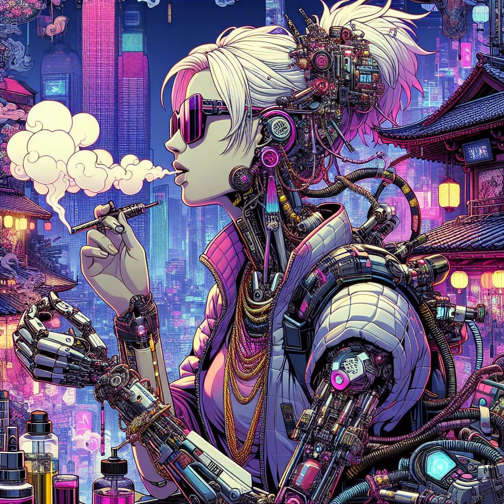 Cyberpunk Goddess Puffs Vapors Amidst Vibrant Cityscape in U...