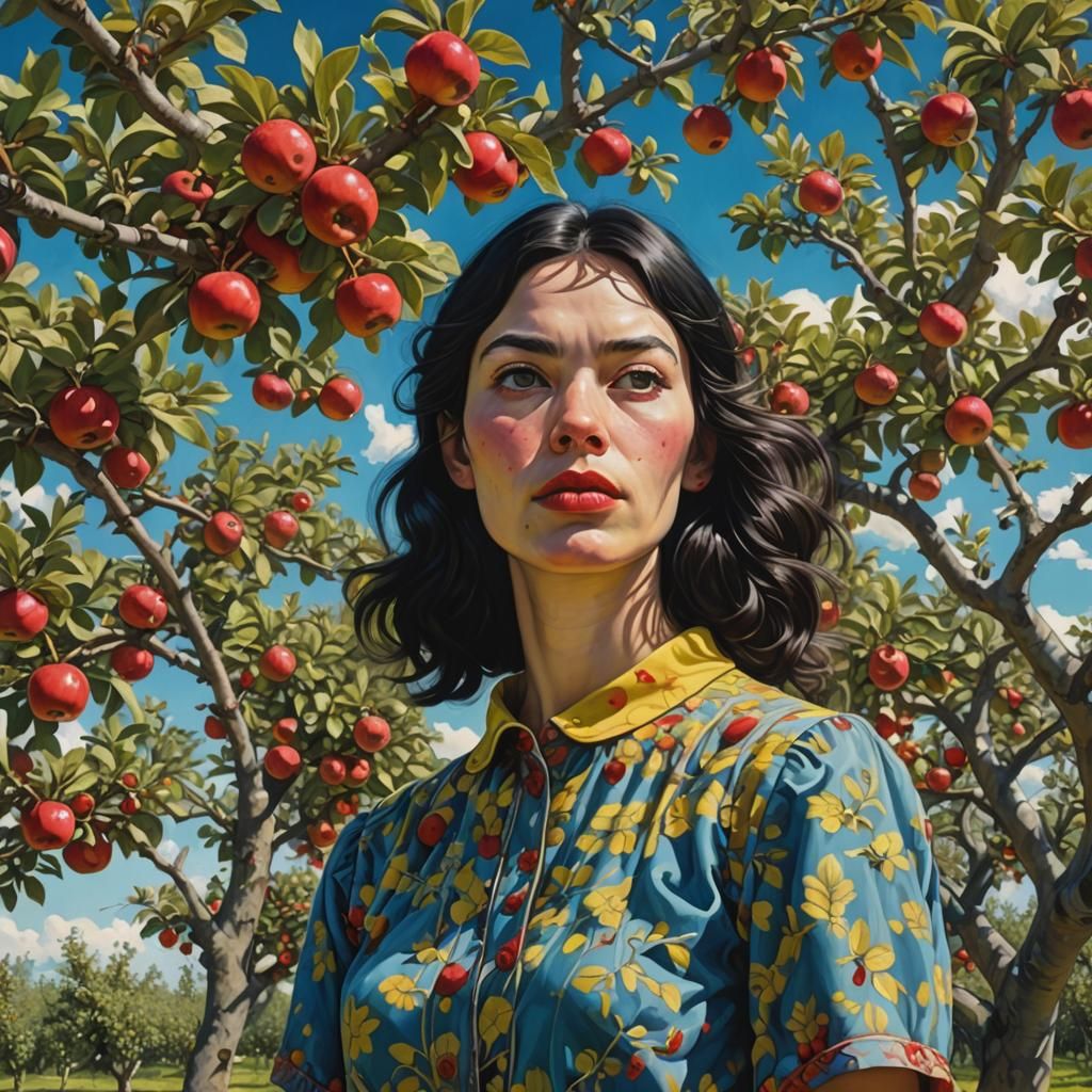 Psychedelic Orchard Portrait with Red Apples