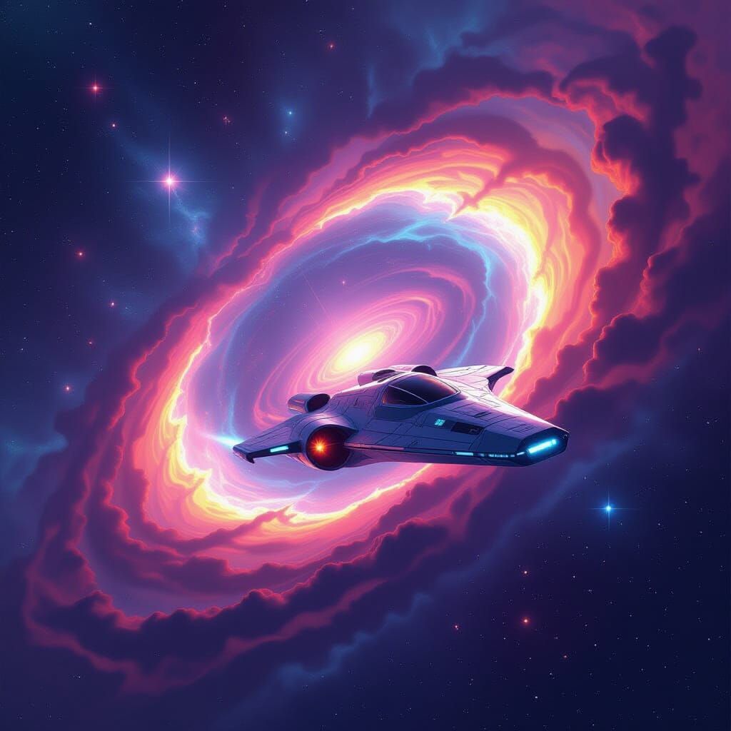 Starship Entering a Glowing Wormhole in Space