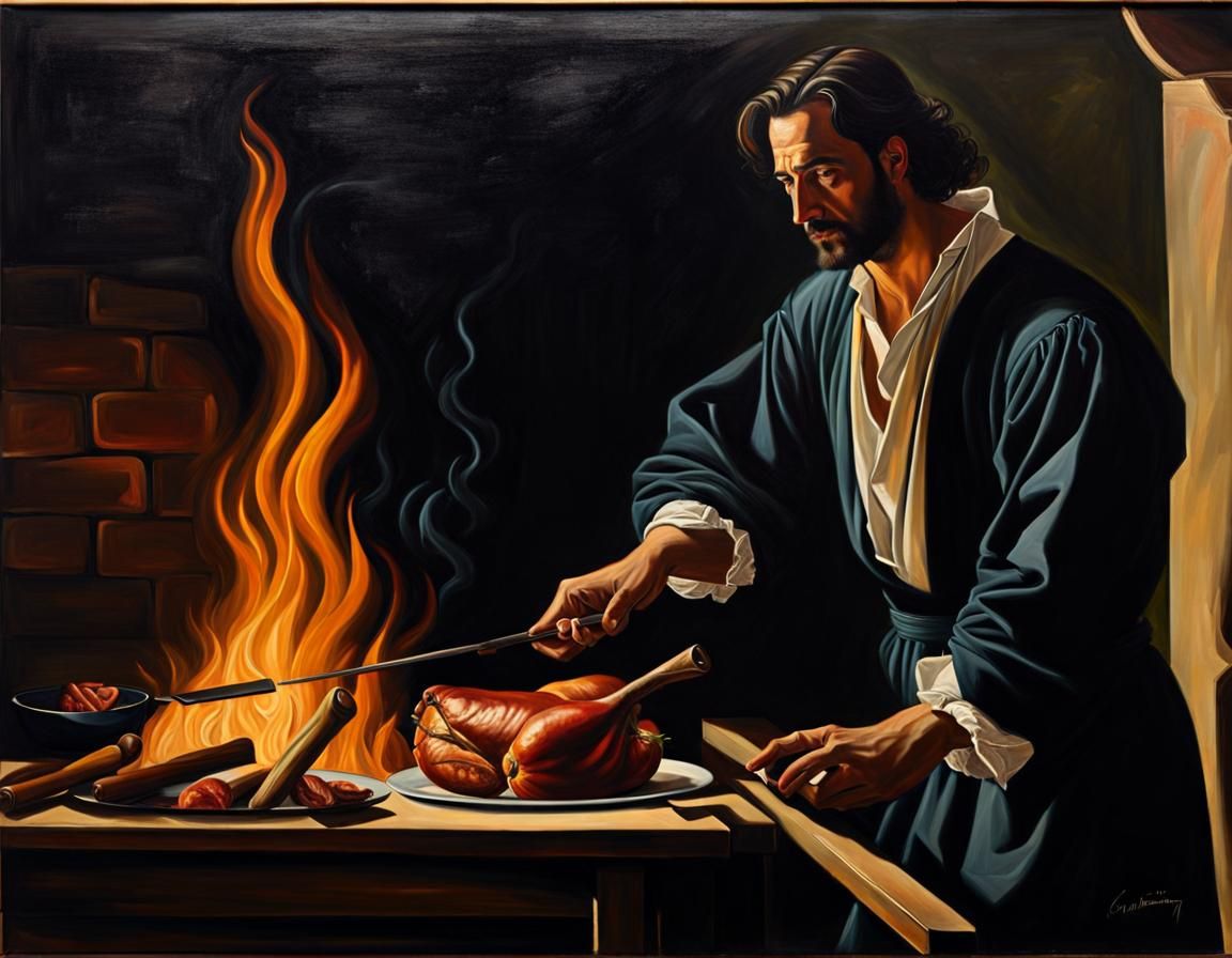 Renaissance Man Roasting Meat over Fire