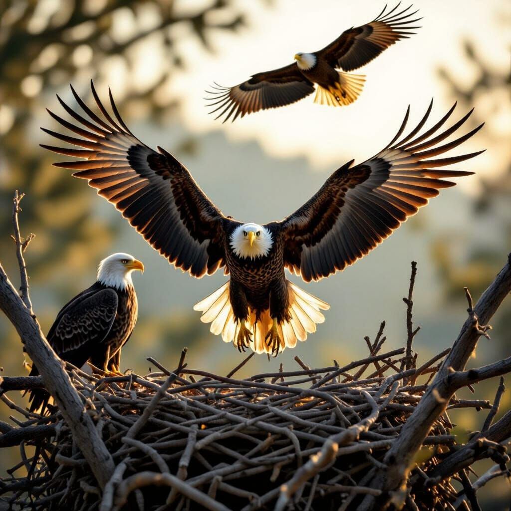 Bald Eagle Fledgling Hovers in Nest at Sunrise