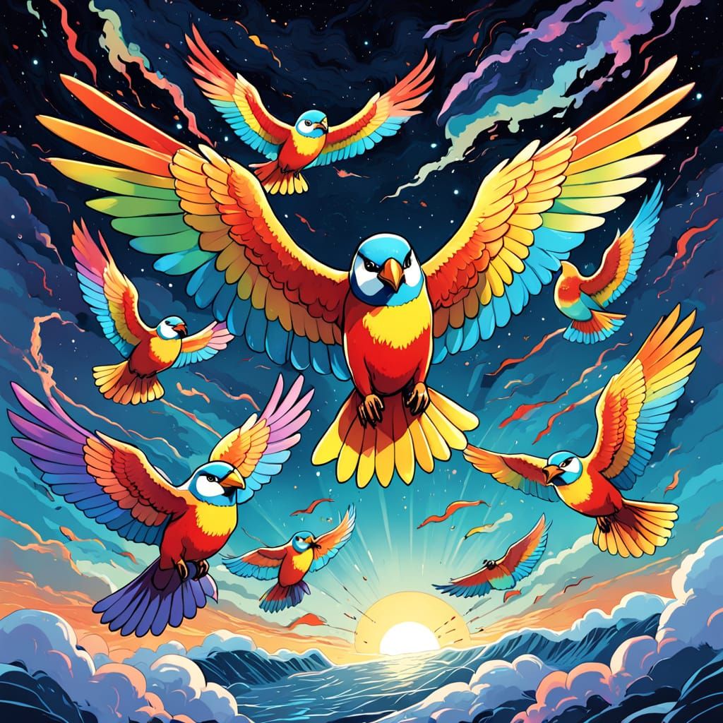 Vibrant Birds Soar Through a Rainbow Night Sky