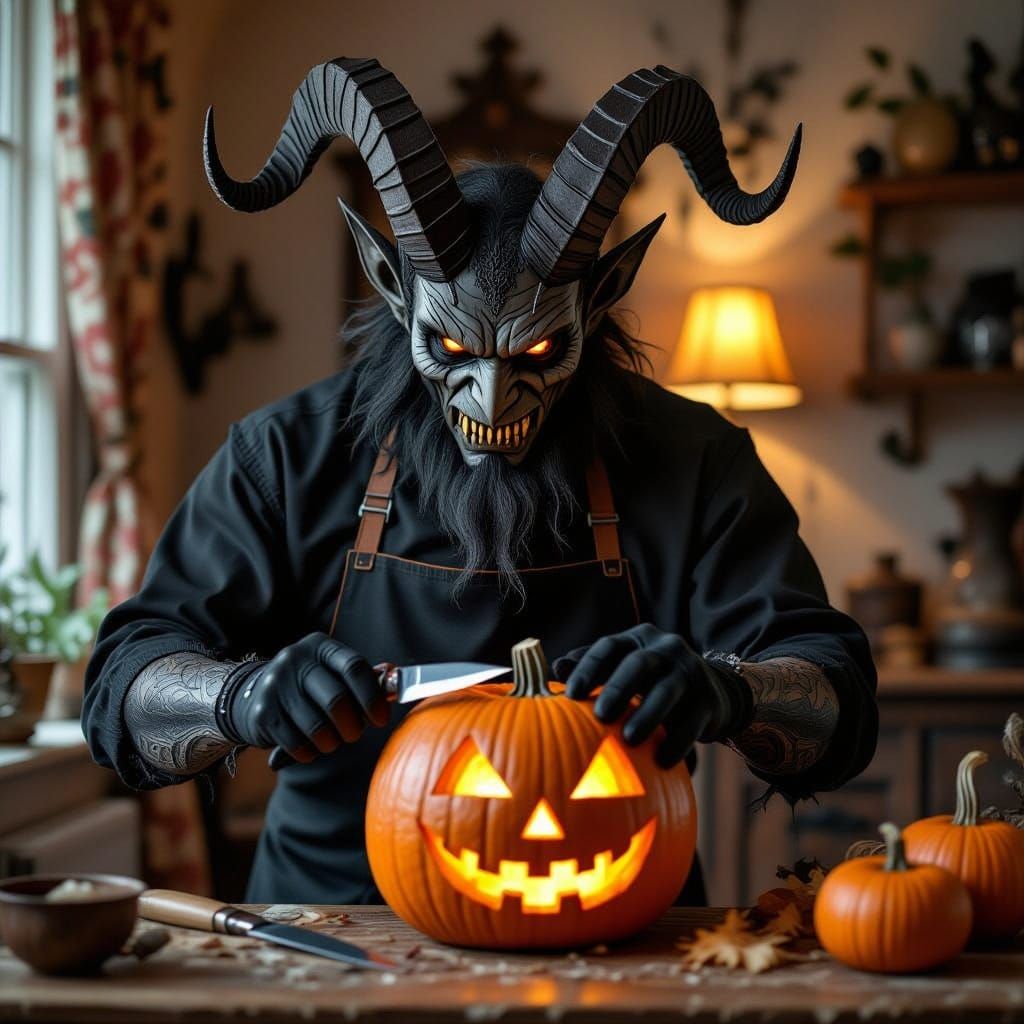 Krampus Carving a Jack-o'-Lantern in Dark Mystical Style