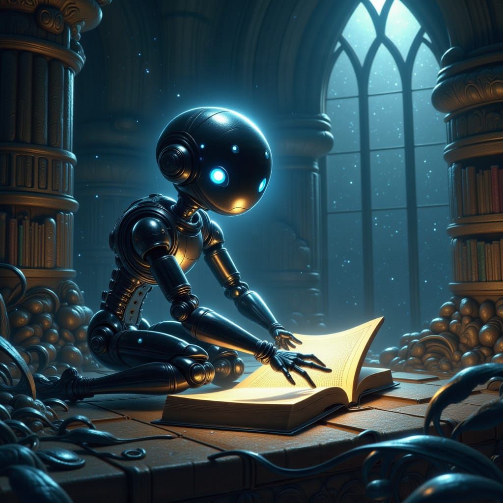 Robot Explorer in Ancient Library at Night