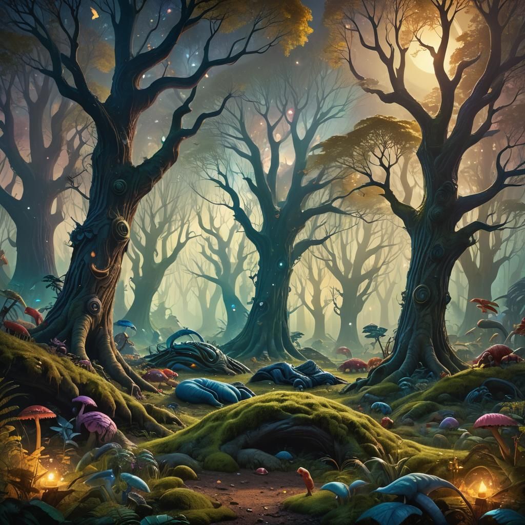 Mystical Forest Scene with Sleeping Creatures