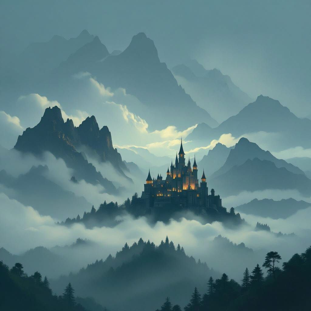 Misty Mountain Castle at Dawn: Fantasy Concept Art