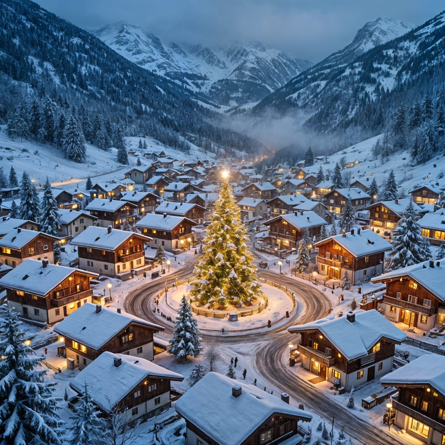 Cozy Mountain Village on Christmas Eve, Aerial View