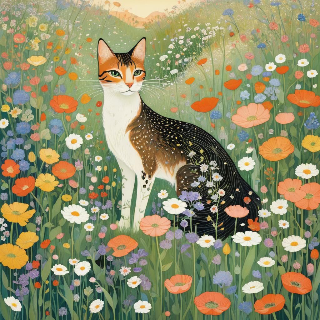 Cat in Flower Meadow, Golden Age Illustration