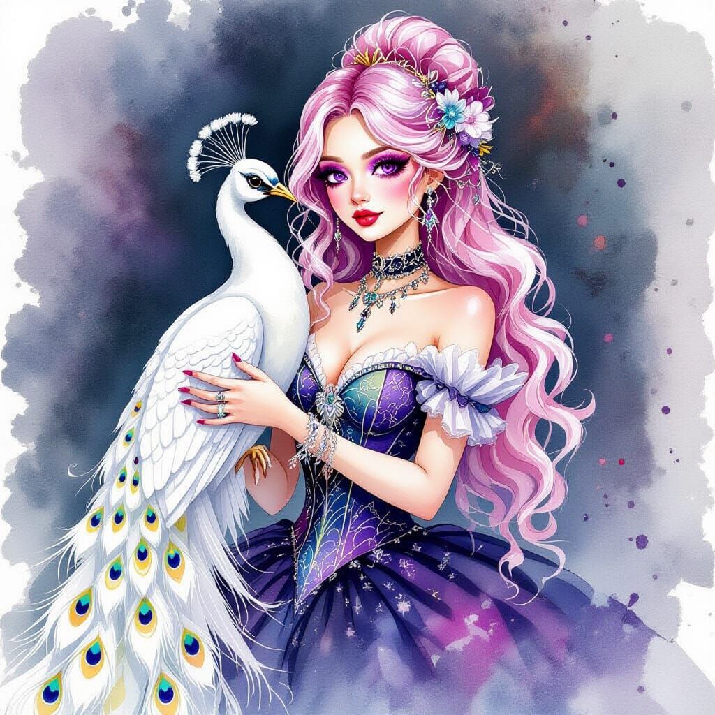 Woman Holding White Peacock in Watercolor Style
