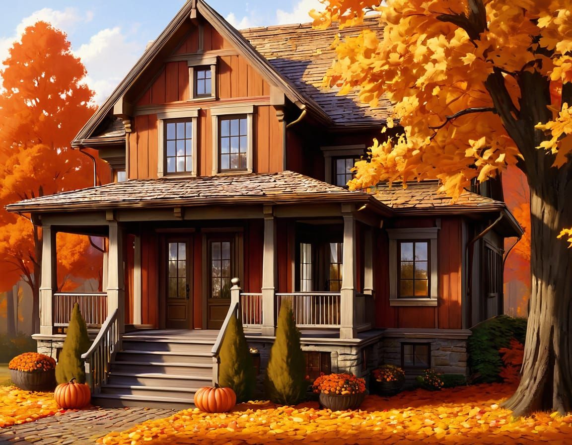 Autumn House Painting with Painter in Rustic Style