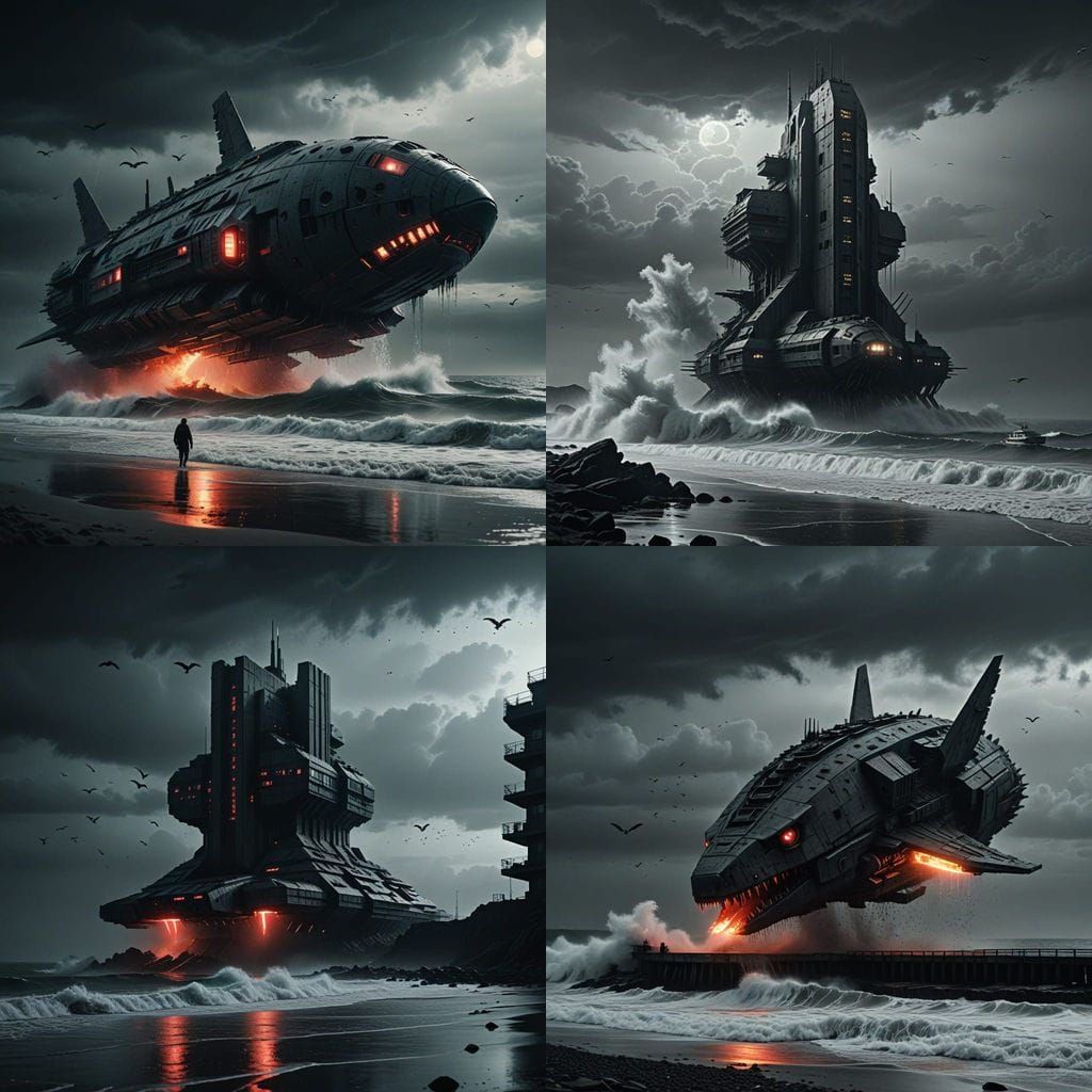 Giant Brutalist Spaceship Over Misty Seaside Town