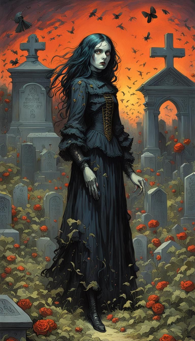 Beautiful goth girl in a graveyard.