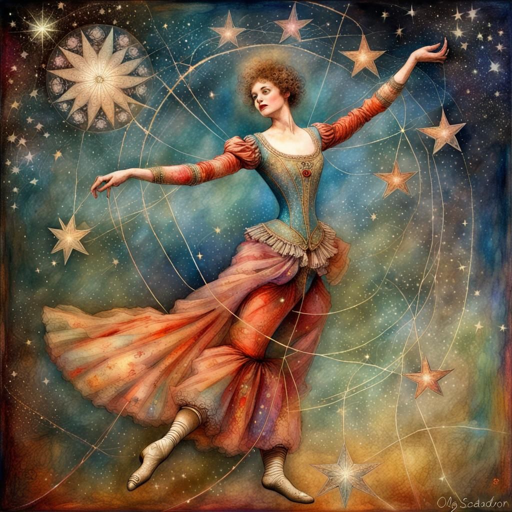Intricate Circus Juggler in Cosmic Starscape Collage
