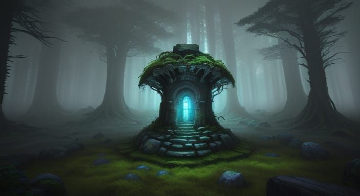 Mysterious Glowing Rune Stone in Ancient Forest