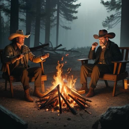 Campfire Animals with Cowboy: Cinematic Film Still