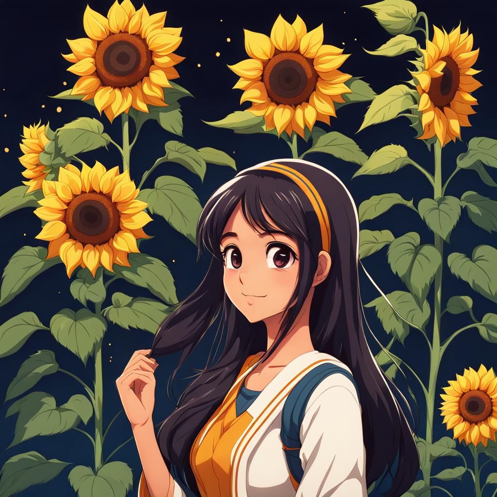 Anime Girl with Sunflowers