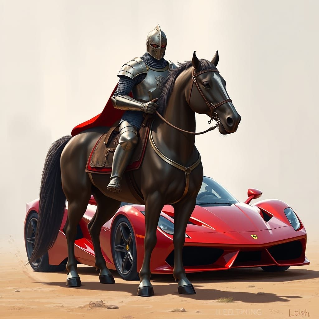 Knight Beside Ferrari in Futuristic Medieval Blend
