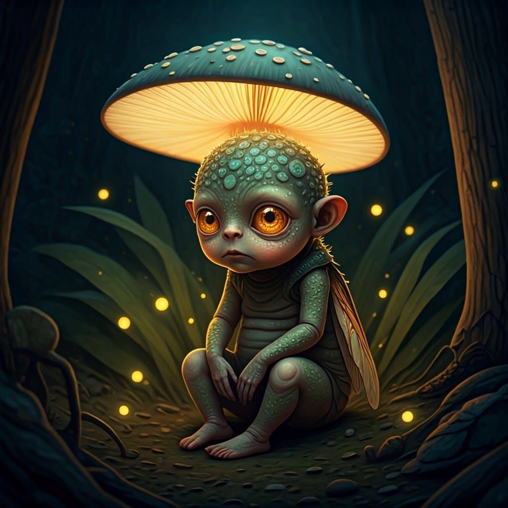 Eerie Child Under Glowing Mushroom Cap