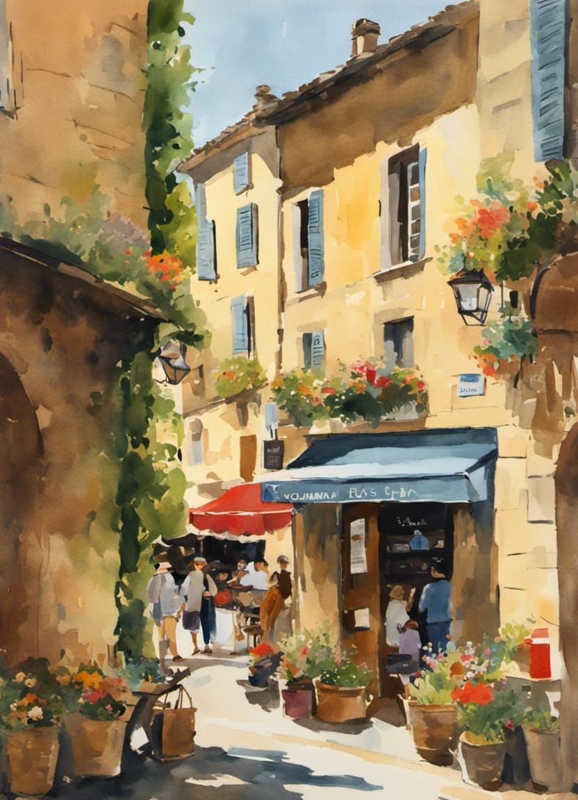 Lourmarin Street Scene in Gouache Watercolor Style