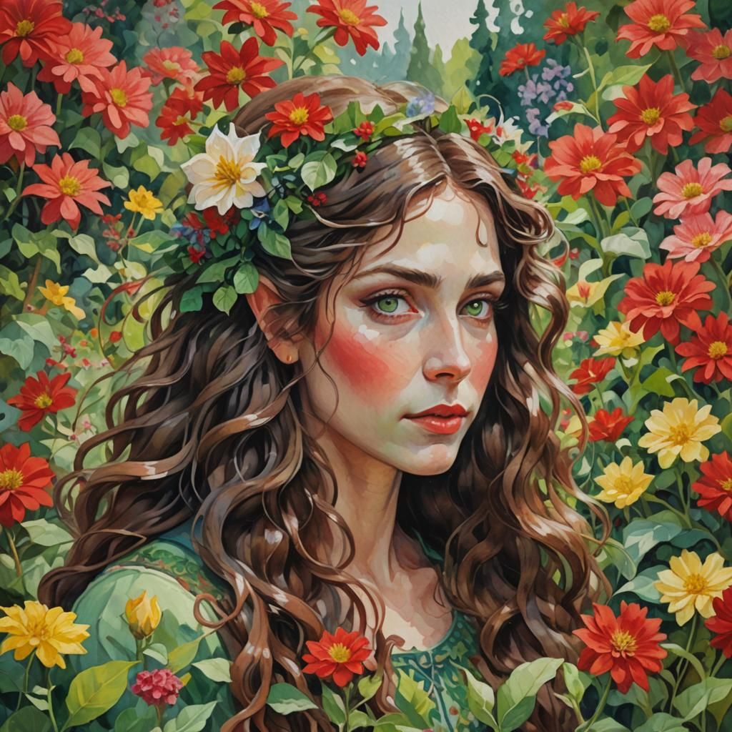 Woman with Elf Ears in Impressionistic Garden