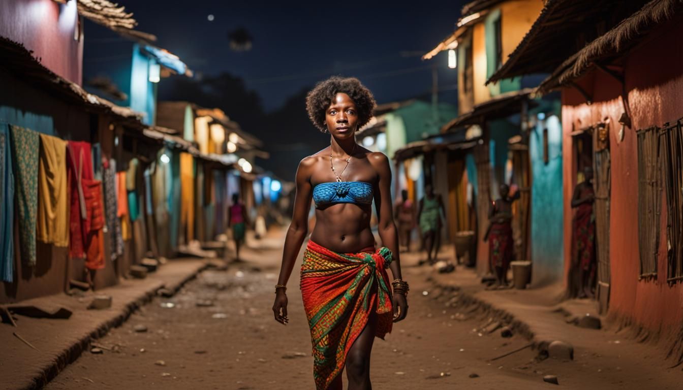 Woman Walks Through African Village at Night