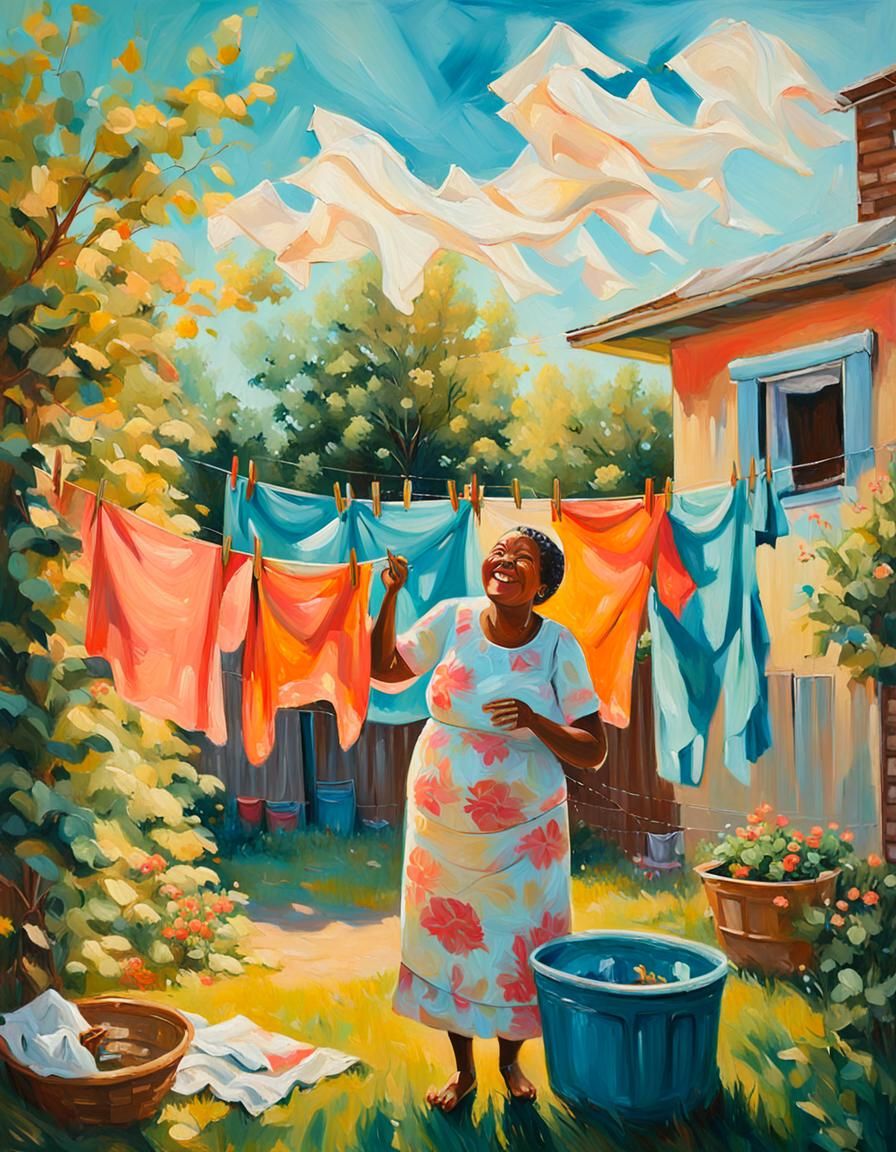 Sunny Backyard Laundry Day, Impressionist Oil Painting