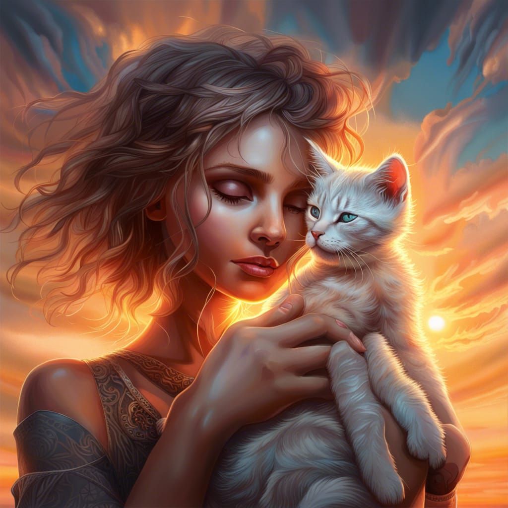 Girl Cuddling Kitten in Epic Art Style