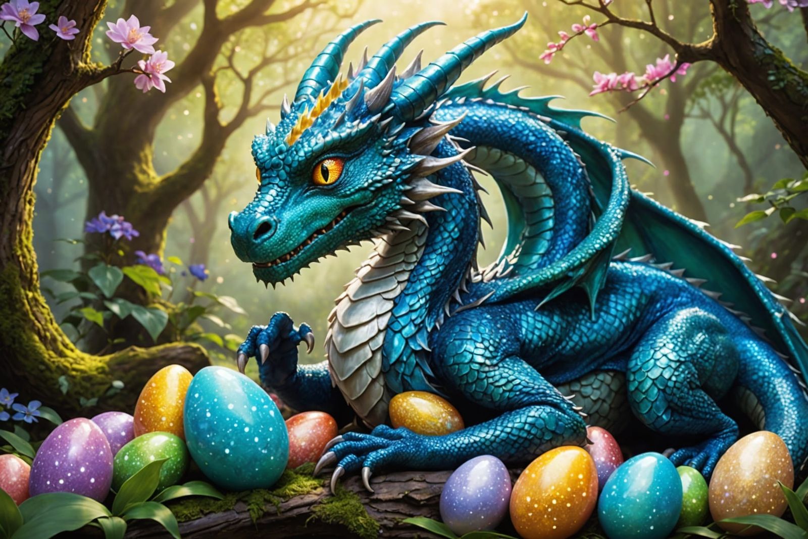 Mother Dragon Protecting Gleaming Eggs: Fantasy Art