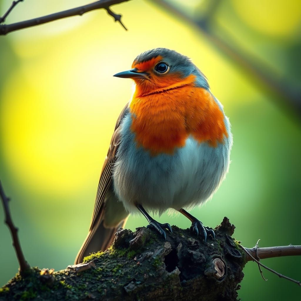 Robin on Mossy Branch, Vivid Bird Portrait