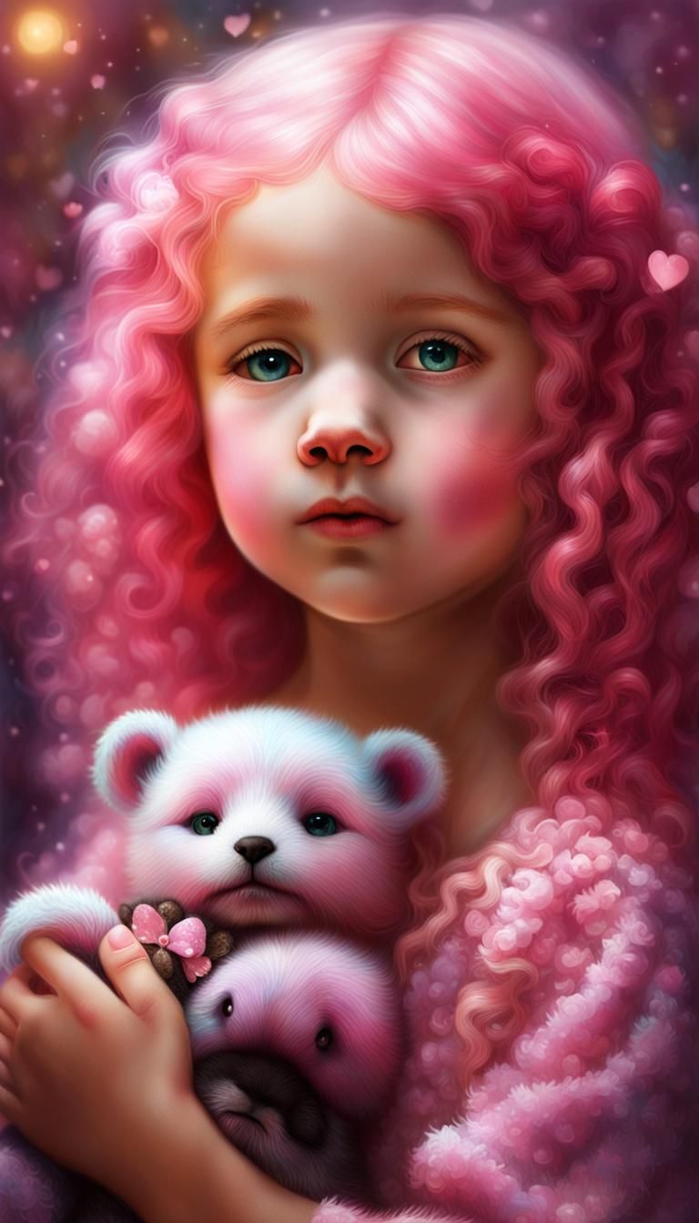 Pink-Haired Girl with Teddy Bear: Fantasy Art Portrait