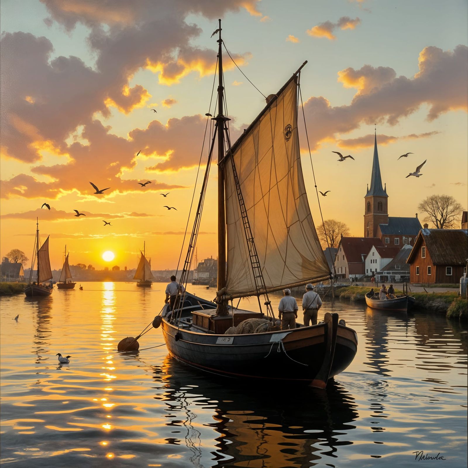 Fishing Vessel Returns at Sunset: Golden Age Style