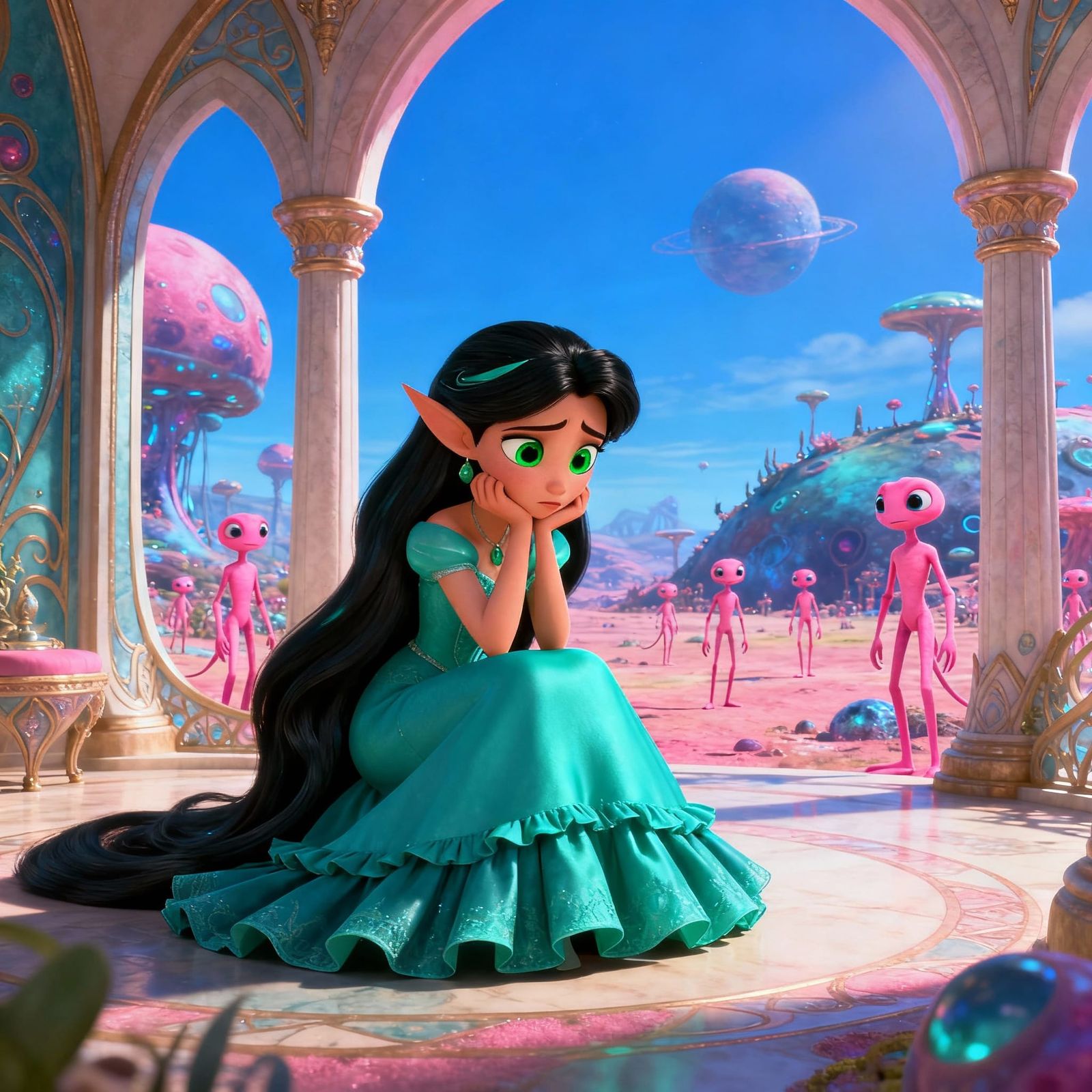 Alien Queen in Teal Gown, 3D Cartoon Style