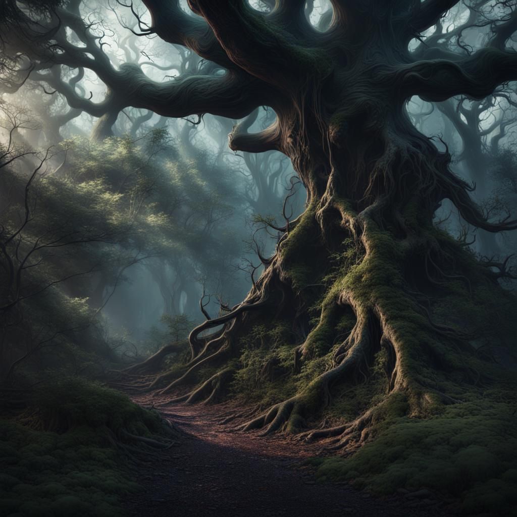 Haunted Forest with Ghostly Apparitions, Detailed Matte Pain...