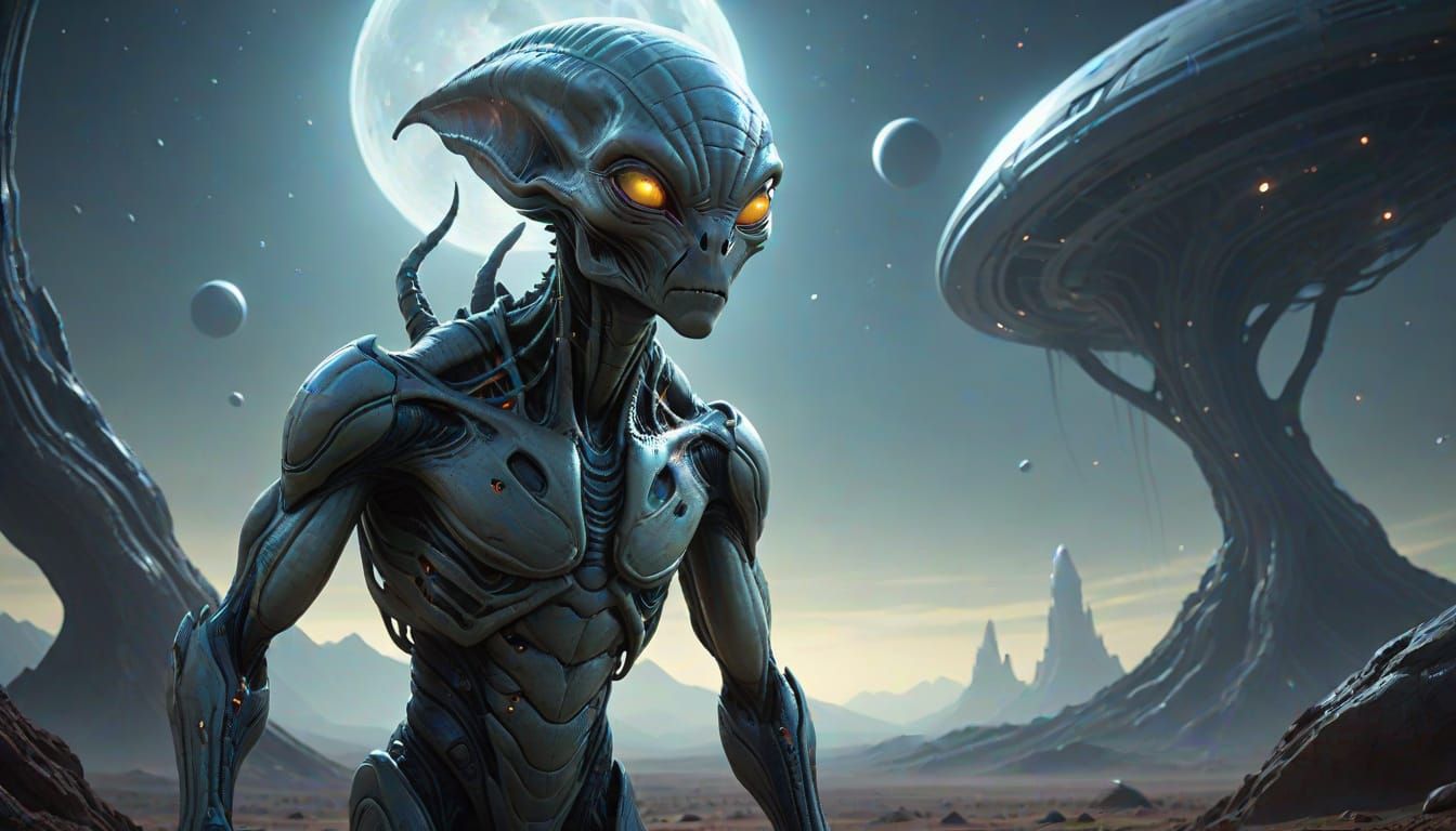 Photorealistic Grey Alien on Alien Planet